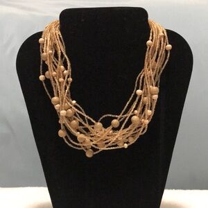 Like-New! Multi-Strand Gold Seed and Wood Bead Statement Necklace